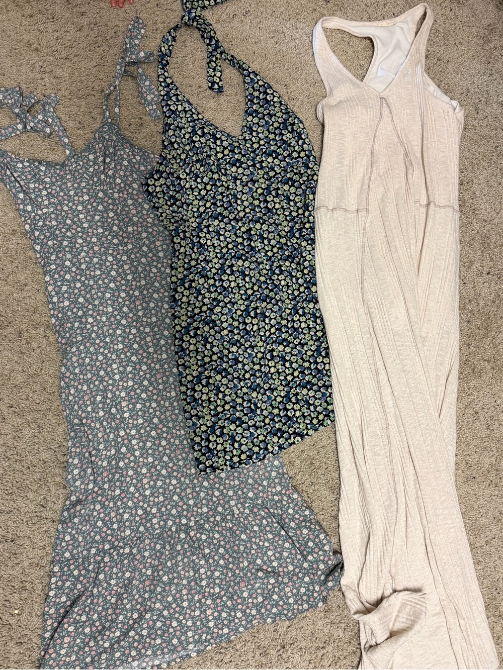 Three Women's Summer Dresses - Blue Floral, Navy Floral, Cream Ribbed